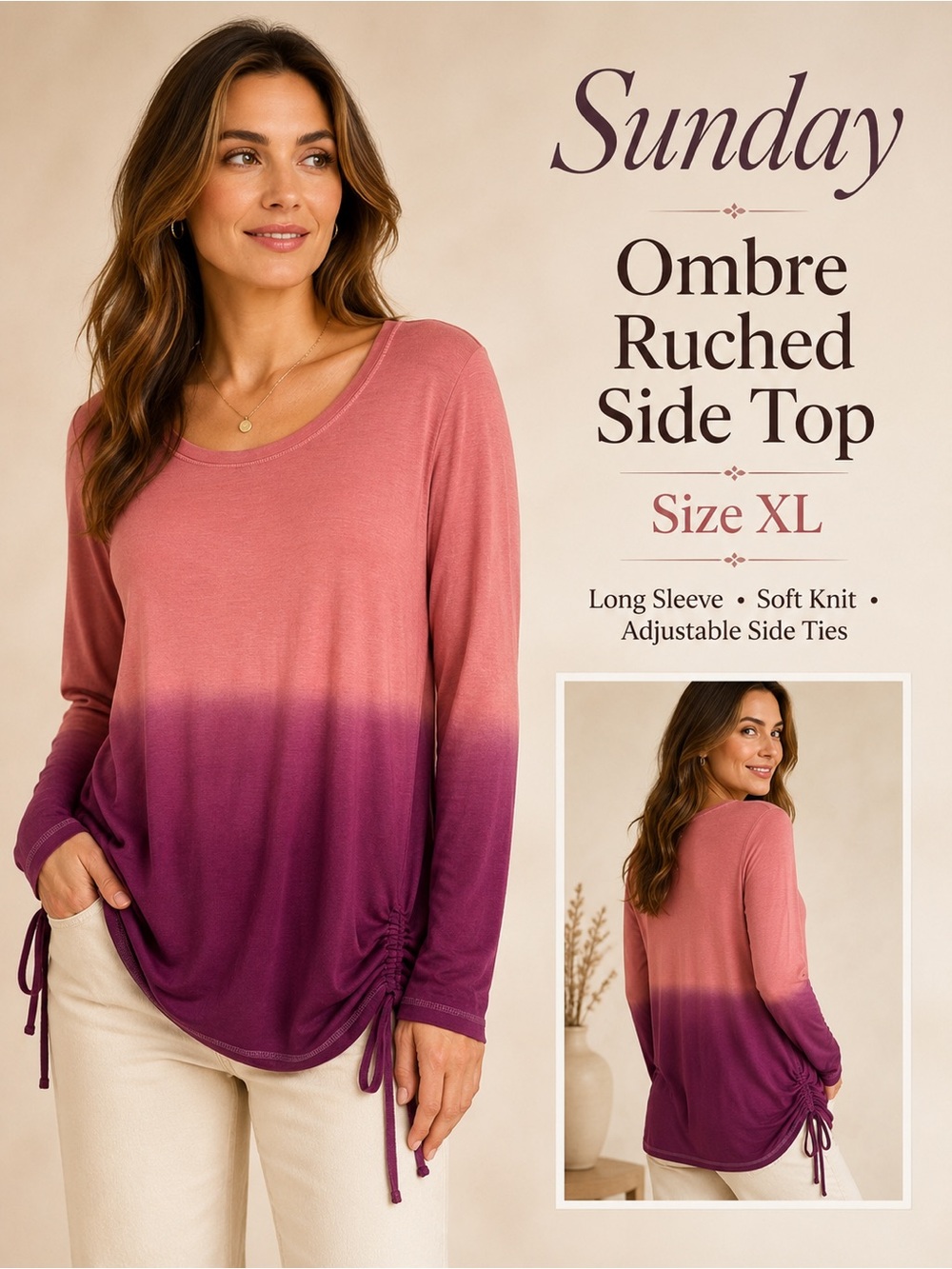 Sunday Pink Purple Ombre Ruched Side Long Sleeve Top Size XL NWT